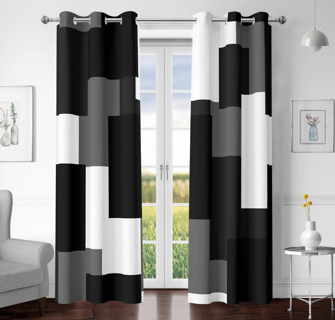 Black Grey 100% Blackout Curtains for Bedroom 63 inch Length 2 Panels Set White Grey Modern Abstract Geometric Black Out Curtains Insulated Room Darkening Window Drapes for Living Room, 42Wx63L