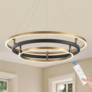 Benkut 3 Rings Modern LED Chandelier Black Gold Dimmable Circular Pendant Light for Dining Room, Foyer Chandelier with Remote Control Flush Mount High Ceiling Light for Kitchen Living Room, D30.7In