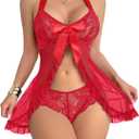 Sexy Halter Open Front Ruffle Sheer Mesh Lace Babydoll Lingerie Dress with Thong 2 Piece (Medium, Red)