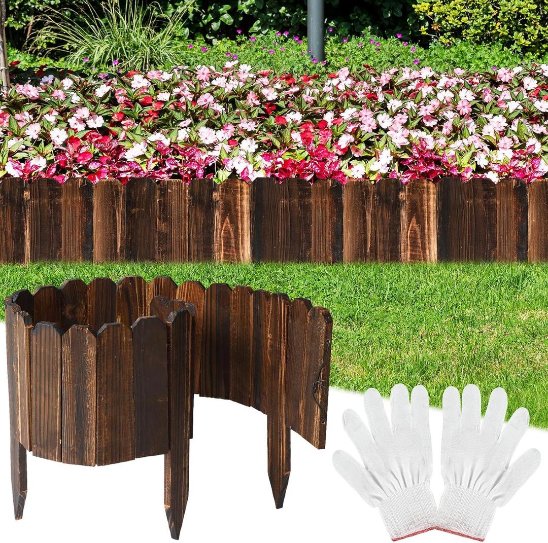 Bucherry 8 Pcs Rustic Wood Garden Edging Border 31.6 ft Total Antiseptic Wood Garden Landscape Edging Fence with Gloves for Decorative Yard Pathway Flower Bed Lawns Pathway Tree