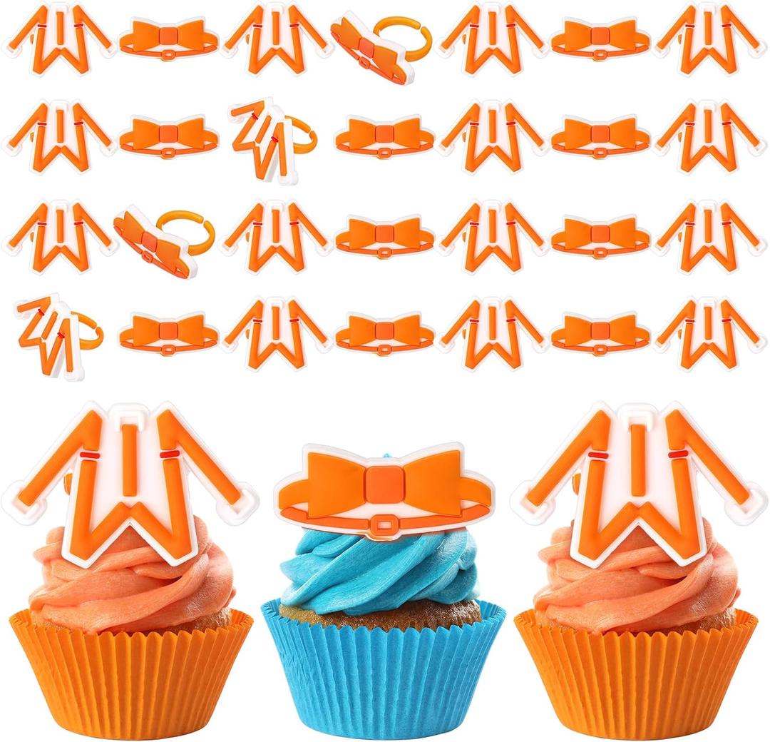 48 Pcs Orange Cartoon English Accessories Cupcake Ring Cartoon Birthday Decorations Orange English Cake Topper Ring Cupcake Topper for Birthday Baby Shower Party Decorations