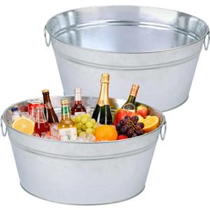 2 PCS 15.3 x 11.7 inch Oval Galvanized Tub with Handles, 3.5 Gallon Metal Ice Bucket, Large Metal Drink Buckets for Wine, Cocktails, Parties, Outdoor Beer Ice Tub
