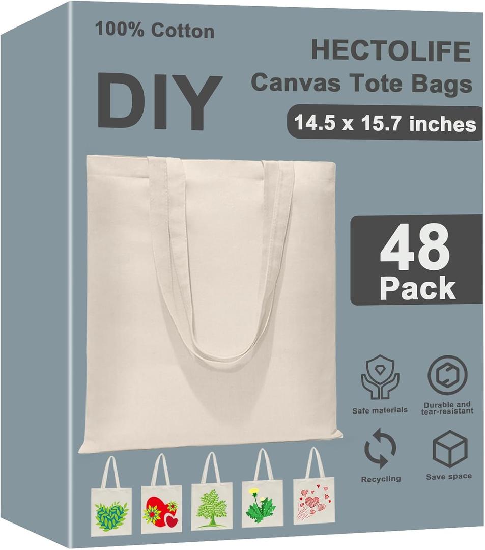 6 I 12 I 24 I 48 Pack Canvas Tote Bags,Reusable Blank Canvas for Shopping Bags,Grocery Bags,DIY Gift Bags