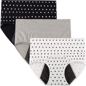 INNERSY Period Underwear for Women High Waisted Leak-Proof Postpartum Menstrual Panties 3-Pack (Small, Polka Dot)