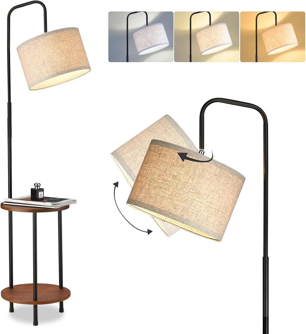 ELYONA Modern Floor Lamp with End Table, 3-Color Temperatures Solid Wood Side Table Lamp with Adjustable Drum Shade, Rustic Reading Standing Light for Bedroom, Living Room, LED Bulb Included, Brown