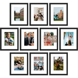 upsimples 8x10 Picture Frame Set of 10, Display Pictures 5x7 with Mat or 8x10 Without, Multi Photo Frames Collage for Wall or Tabletop Display, Black