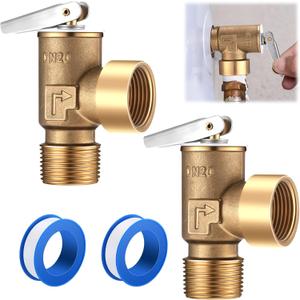 2 Pack Pressure Relief Valve, Boiler Relief Valve with 3/4" NPT Thread, PTFE Thread Seal Tape, Brass, for Hot Water and Cold Water Systems (30 Psi)