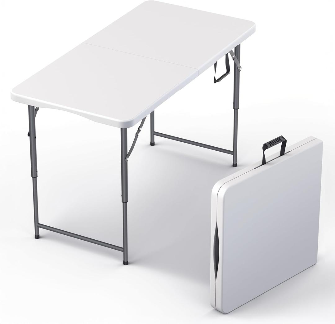 4 Feet Foldable Table Adjustable Height with Built in Handle, Steel Legs | 4FT Heavy Duty Portable | Perfect for Party Dining Wedding Events Picnic Indoor Outdoor Camping Utility Folding - 4 Foot (White)