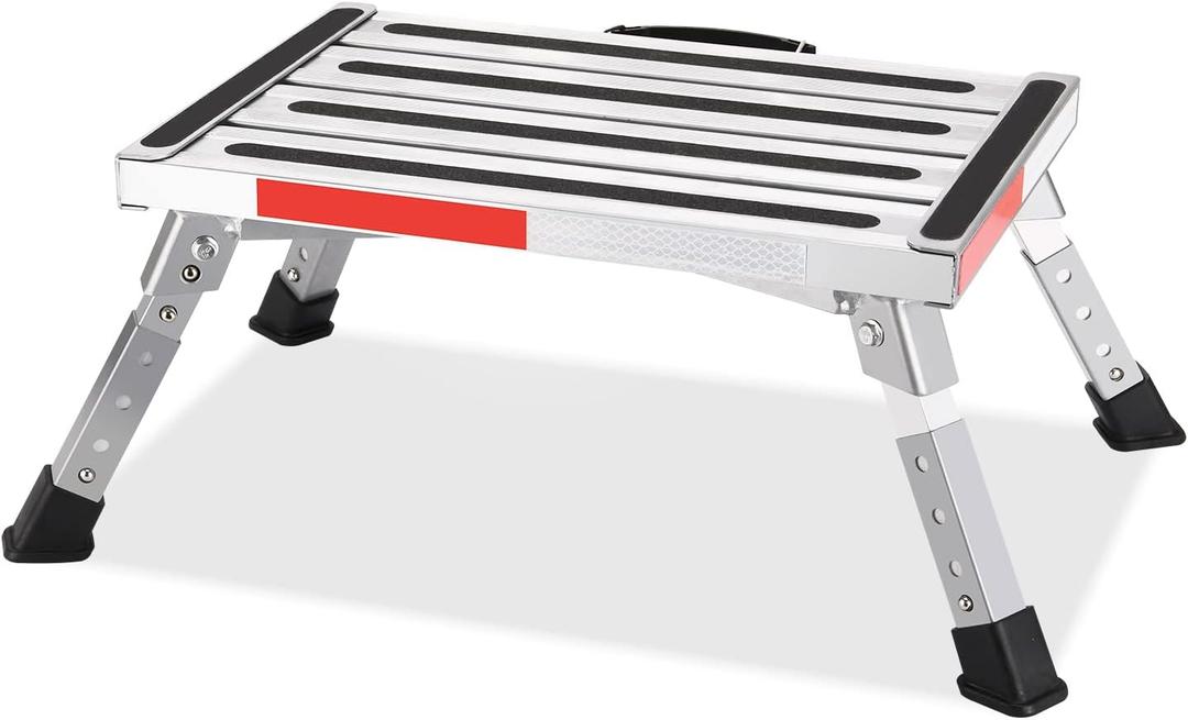 Safety RV Steps, Yagud Height Adjustable Folding Platform Step with 17" X 12" Anti-Slip Surface, Rubber Feet, Handle, Reflective Strips, and T Level, Aluminum RV Step Stool Supports Up to 1000lbs (Silver Black)