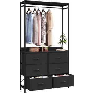 6 Dresser Drawer with Hanging Rack, 2-in-1Tall Dresser for Bedroom/Closet, Fabric Dressers & Chests of Drawers, Sturdy Alloy Steel Frame, Space Saving Closet Organizer (Black)