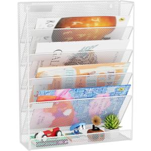 Wall File Organizer Holder Mesh Hanging Paper Document Holder,Vertical 6 Pocket Tier for Office Home, White
