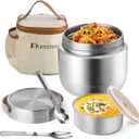 40oz Insulated Food Jar with 2 Compartments, Leak-Proof Thermo for Hot Food Wide Mouth Stainless Steel Includes Spoon and Fork Soup Thermo Lunch Containers Bento Box for Adults, Silver