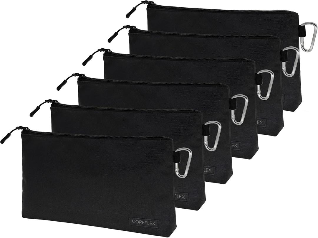 COREFLEX Premium Tool Pouch Zipper Bag, Small Tool Bag, Multipurpose Storage pouch, Heavy duty Flat Bottom Tool bag with YKK Zipper (6 pack Large 12inch Black)