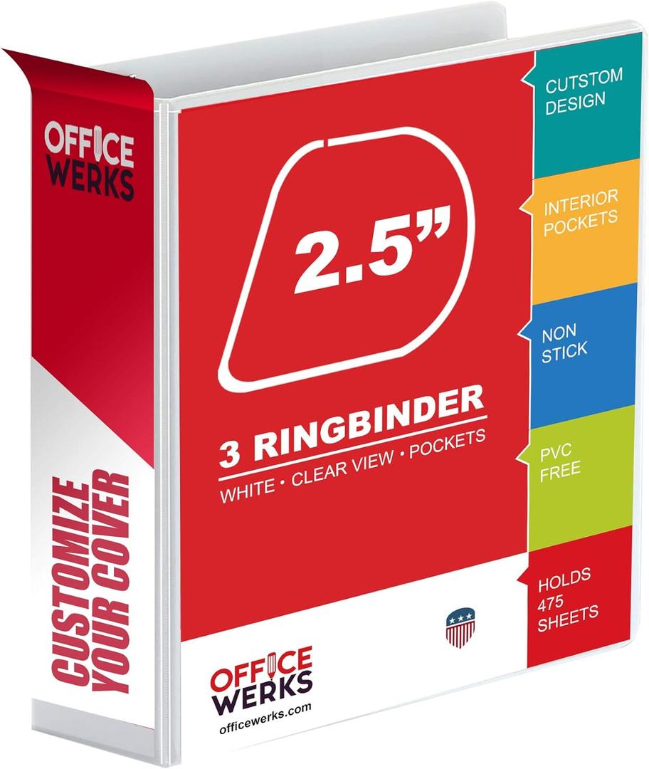 3 Ring Binder, 2.5" Professional Angle D-Rings, Presentation Folder for Standard Pages with Inside Pockets, Customizable Clear View White Binder (3.2" Spine)