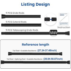 QINGYUN Black Tension Curtain Rod 28 to 48 Inch Spring Rod No Drilling Adjustable Shower Curtain Rod for Windows, Bathrooms, Closet, Kitchen