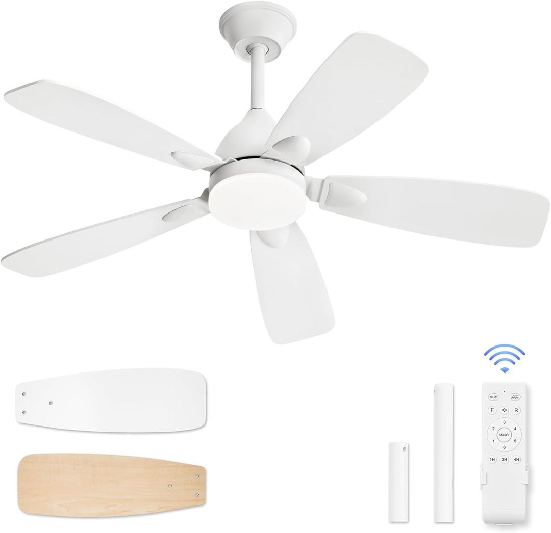 LEDIARY Ceiling Fans with Lights,42 inch Ceiling Fans with Lights and Remote,3CCT,6 Speeds,Reversible DC Motor,Noiseless,Small White Ceiling Fan for Bedroom Farmhouse and Patio,Indoor/Outdoor Use