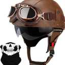German Style Leather Motorcycle Half Helmet for Adults Men Women, DOT Approved Vintage Cap Half Face Shell Motorcycle Helmets for Cruiser Chopper+Goggles