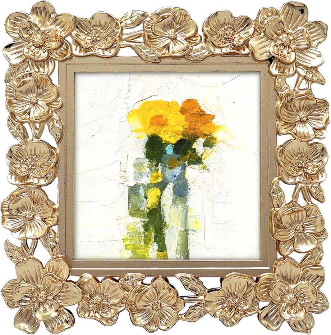 Square Spring Blossom Photo Frame / 3.5x3.5 In | For Vertical Display on Tabletops | Perfect for Home Decor, Wedding, Vacation, Graduation, Or Any Milestone Photos (Gold)
