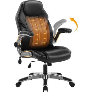 Office Desk Chair, Ergonomic Computer Chair with Padded Flip-Up Arms and Adjustable Lumbar Support, PU Leather Executive Chair with Tilt Lock and 360 Swivel Rolling Wheels for Work, Study (Black)