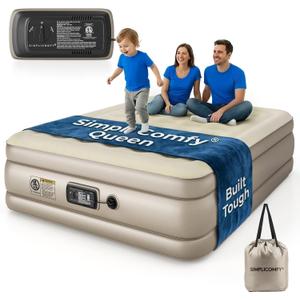 Simpli Comfy 18" Raised Double-High Queen Inflatable Air Mattress with Built-in Electric Pump, Fast Self-Inflating Blow Up Air Bed with Waterproof Top for Home Travel Camping, Colchn Inflable de 18"