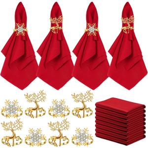 EBOOT 16 PCS Christmas Napkins and Ring Set 8 PCS Red Washable Napkins Cloth Fabric and 8 Christmas Rings Holder for Xmas Holiday Dinner Party Table Decoration(Gold Elk, Gold Snowflake)