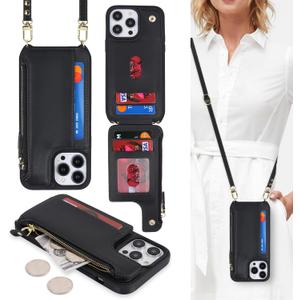 Cavor for iPhone 15 Pro Max Case with Card Holder, Wallet Case for Women, for iPhone 15 Pro Max Phone Case with Strap,Crossbody Lanyard and Wristlet Zipper Pocket-Black