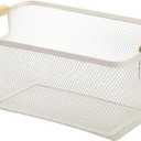 AJIODA Metal Mesh Steel Basket, Medium Wire Storage Organizer Basket Multi-function Hanging Kitchen Basket with Wood Handle for Kitchen Bathroom Picnic Home, Rectangle-Off White