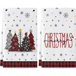 Siilues Christmas Kitchen Towels 18x26 Inch Set of 2, Christmas Tree Dish Towels Merry Christmas Decor Hand Towels Seasonal Winter Holiday Christmas Tree Decorations for Home Drying Dishcloth
