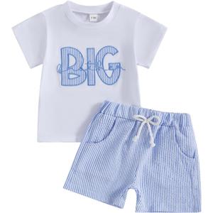 Toddler Infant Baby Boy Summer Outfit Letter Short Sleeve Elastic Stripes Shorts Brothers T-shirt 2Pcs Set 2-3 yr old