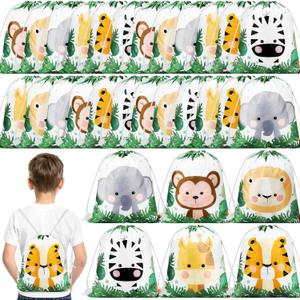 Ferraycle 30 Pack Safari Drawstring Bags Animals Jungle Gift Party Favors Wildlife Goodie Treat Bags for Holiday Birthday Christmas Party Baby Shower, 9.8 x 11.8 Inch