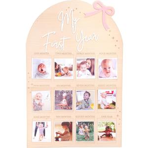 WAUAO Bow My First Year Birthday Board - One Year Of Photo Board, Monthly Milestone Wood Photo Board, First Birthday Decorations Girl,12 Months Photo Banner