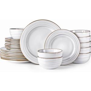 GBHOME Ceramic Dinnerware Sets, 24 pcs Embossed Elegant Stoneware Plates and Bowls Sets, Housewarming Wedding Gift | Dishwasher & Microwave Safe | Dishes Set Service for 8 (Pearl White-Wave)
