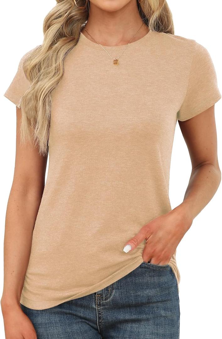 Memorose Womens Short Sleeve Tops Summer T Shirts Round Neck Causal Fashion Basic Tee (Large, Cream01)