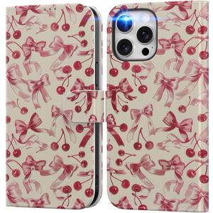 DEENAKIN for iPhone 15 Pro Wallet Case with Card Holder + Cash Clip, RFID-Blocking, Military-Grade Drop Protection & UV-Printed Artwork, Magnetic Closure with Leather Stand - Red Cherry and Bows