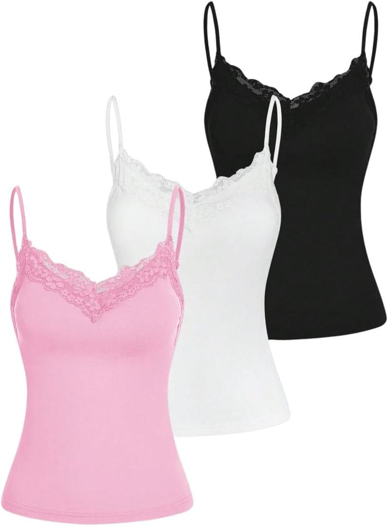 SOLY HUX Women's Camisole Tops with Built in Bra 3 Packs Lace Trim Spaghetti Strap Cami Tank Top Pink White Black XS