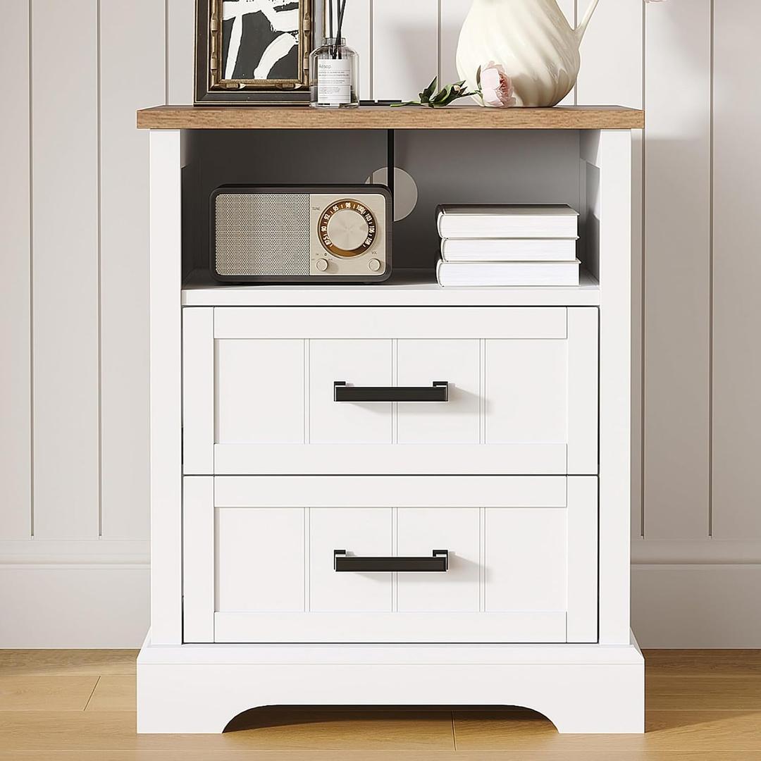 ChooChoo Farmhouse Night Stands with Charging Station 2 Drawers, 1 pack