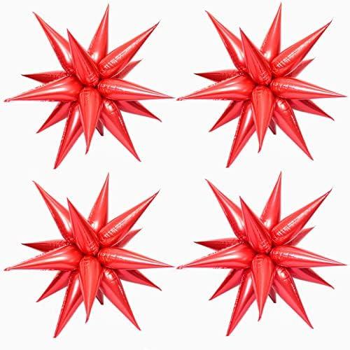 50 Pcs Red Foil Cone Star Balloons - 26 Inch Explosion Mylar Balloons, 12 Point 3D Starburst for Party Supplies, Christmas, Birthday, Wedding Decorations Pack of 7