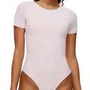 NANJI Short Sleeve Bodysuit for Women - Crew Neck Slim Fit Thong Body Suit, Stretch Double Lined Snap Tops, Casual Going Out (Pink, L)