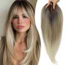 Synthetic Hair Topper with Bangs 18 Inch Layered Toppers for Women with Thinning Hair 5.5" x 5" hand Tied Forehead Hairline 360 3D Cover Wispy Synthetic Toppers Hair for Women Fiber Wiglets (Rooted Ash Blonde Mix Platinum)