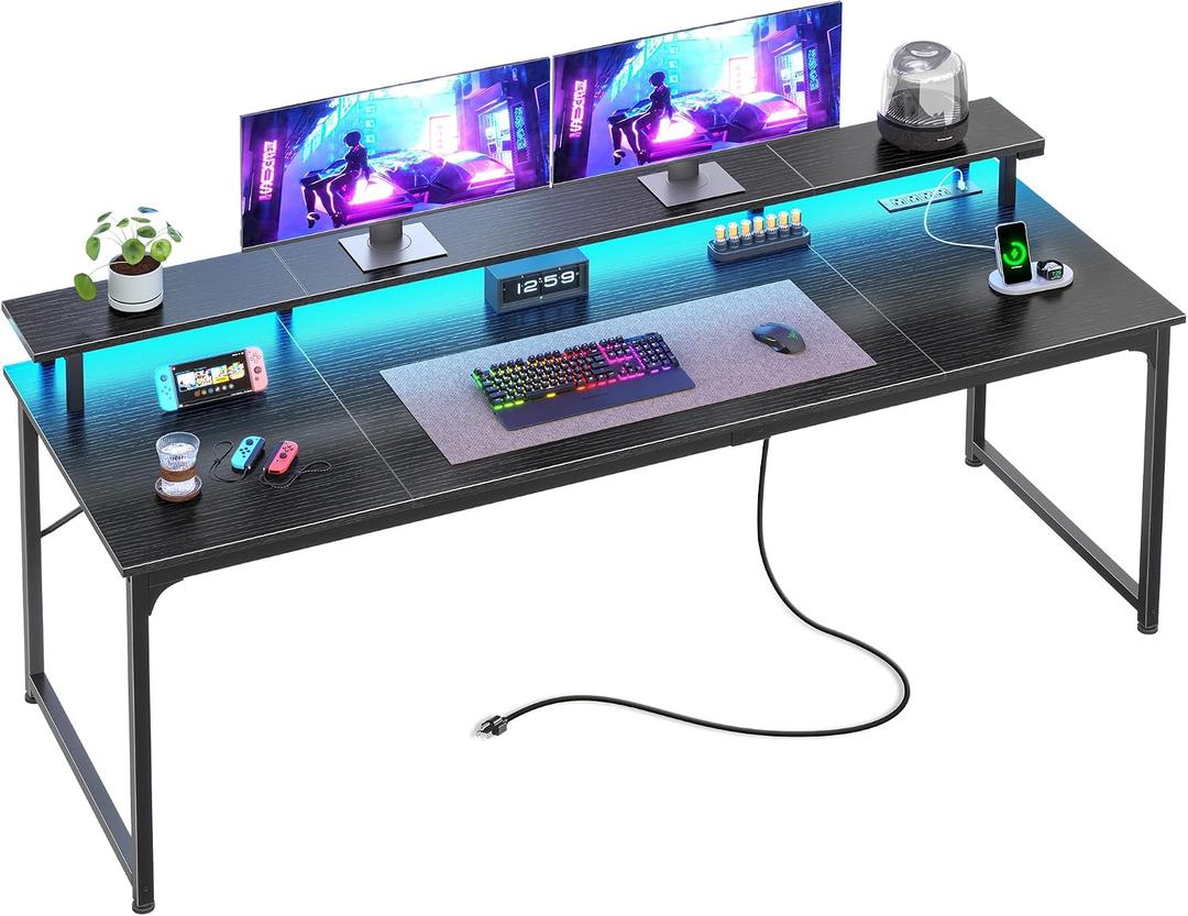 PRAISUN 63 inch Gaming Desk, LED & Power Outlets, Monitor Stand, Black