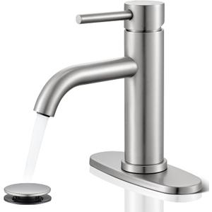 Brushed Nickel Bathroom Faucet, WINKEAR Single Hole Bathroom Faucet with Pop-up Drain and Flexible Hoses, Single Handle for Sink, Vanity, RV, Modern Farmhouse