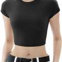 PUMIEY Crop Tops for Women Short Sleeve Crew Neck T Shirt Sexy Baby Tees Jet Black Small