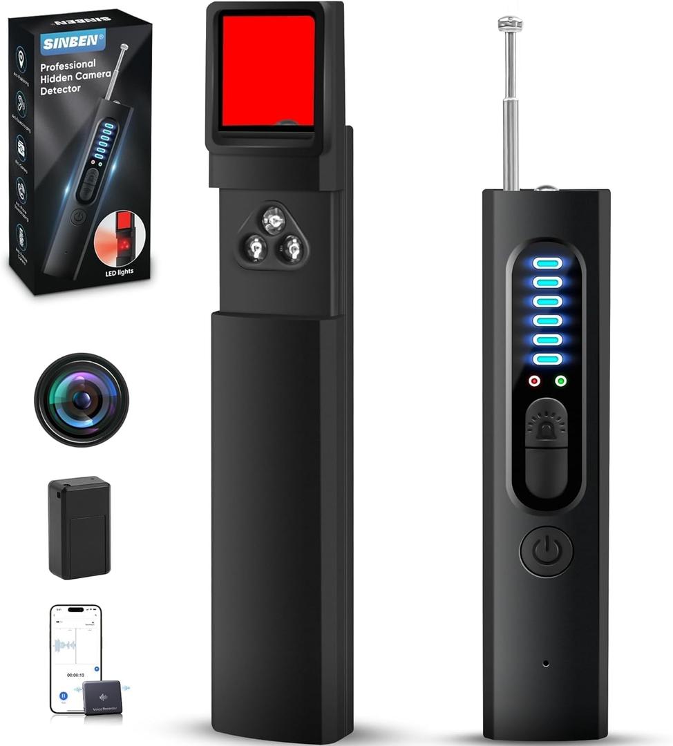 SINBEN Hidden Camera Detectors and Bug Detectors, 2025 Anti-Spy Cameras Finder Detector, GPS Hidden Camera Detector, Tracking Device Detectors, Cameras Detector for Hotels, Home, Office (Black)