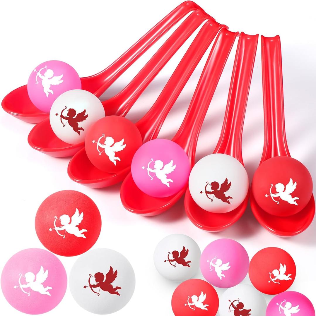 24 Pack Valentine's Day Spoon Relay Race Toy Set , Heart Ball and Spoon Race Game for Indoor Outdoor Office Party Supplies Favors(Red,Angel)