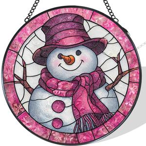 Pink Snowman Christmas Stained Glass Window Hanging Suncatcher, Winter Snowman Sun Catcher Indoor Window Decor, Christmas Holiday Painted Glass Round Wall Hanging Decorations, 7.8x7.8 in