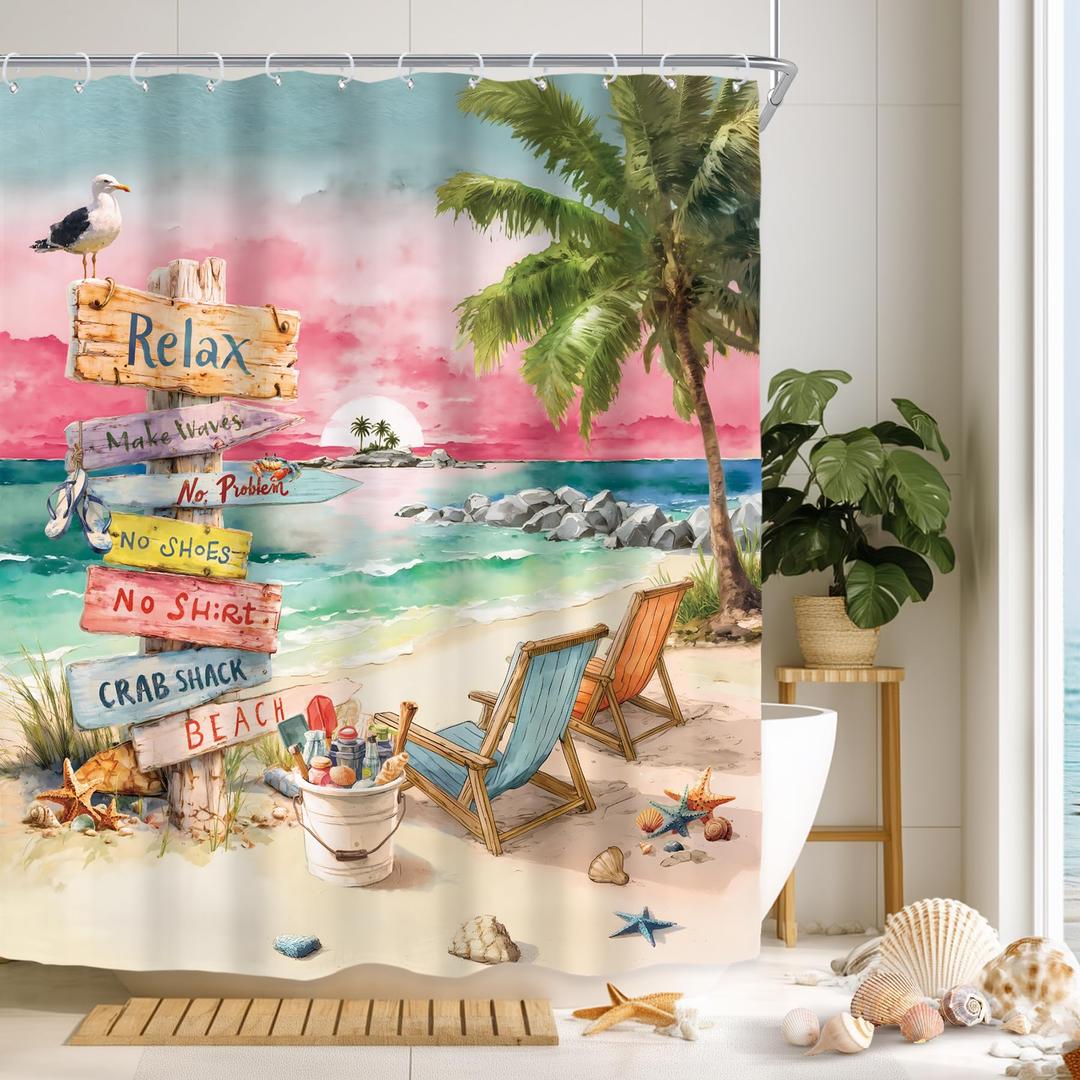 Ocean Beach Tropical Palm Tree Pink Sunset Art Bathroom Shower Curtain Set