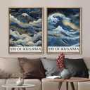 2Pcs Mount Fuji Blue Gold Wall Art Kanagawa Giant Wave Canvas Prints Japanese Fuji Painting Japanese Landscape Wall Decor Modern Japandi Style Posters Picture for Living Room, Bedroom Unframed