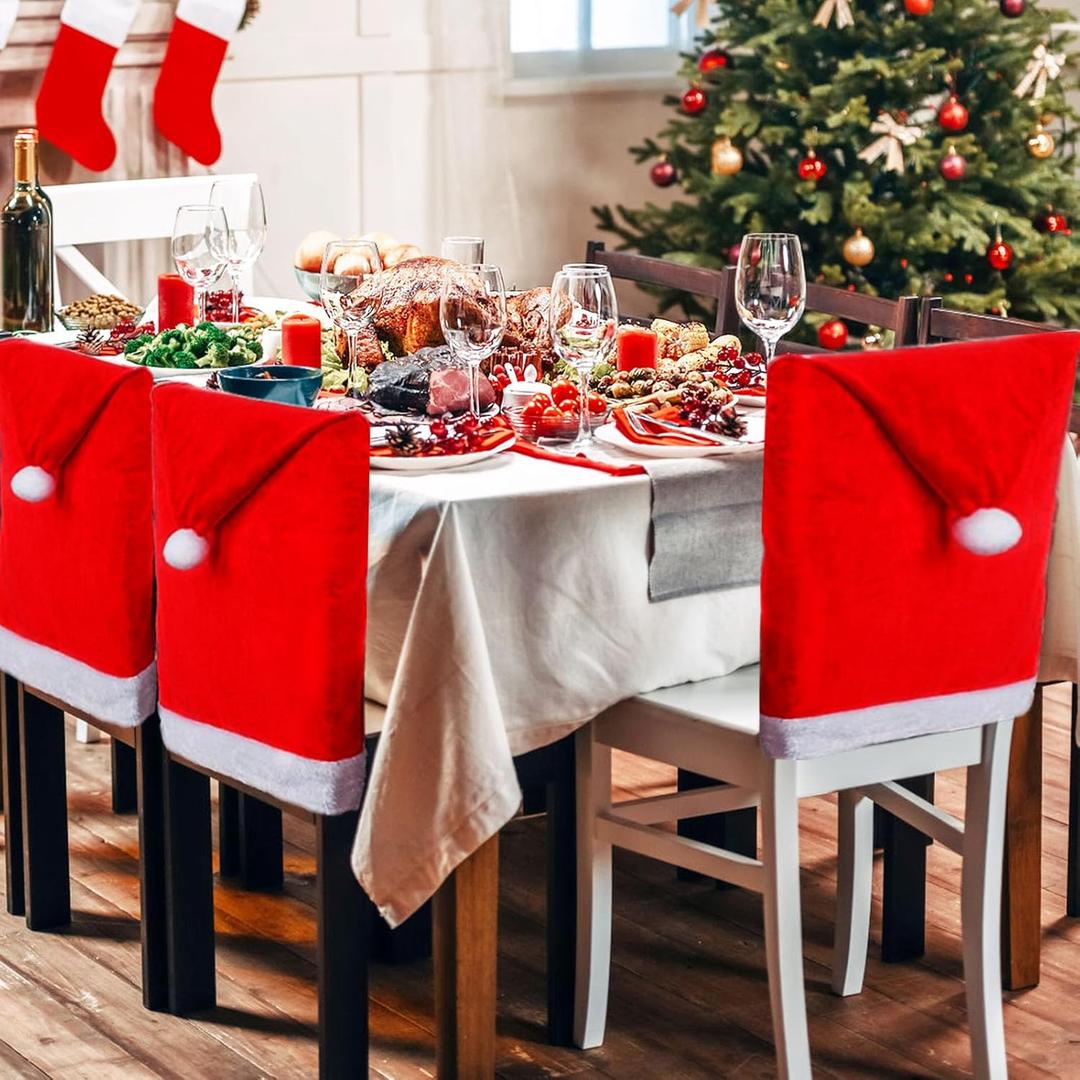 6 Pack Christmas Chair Covers, Velvet Santa Hat Chair Back Covers, Red Hat Dining Chair Slipcovers for Christmas Restaurant Holiday Festival Party Decor