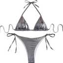 Women's Metallic Shiny Bathing Suit High Waisted Triangle Tie Side Swimsuit Bikini Set (S, Gray)