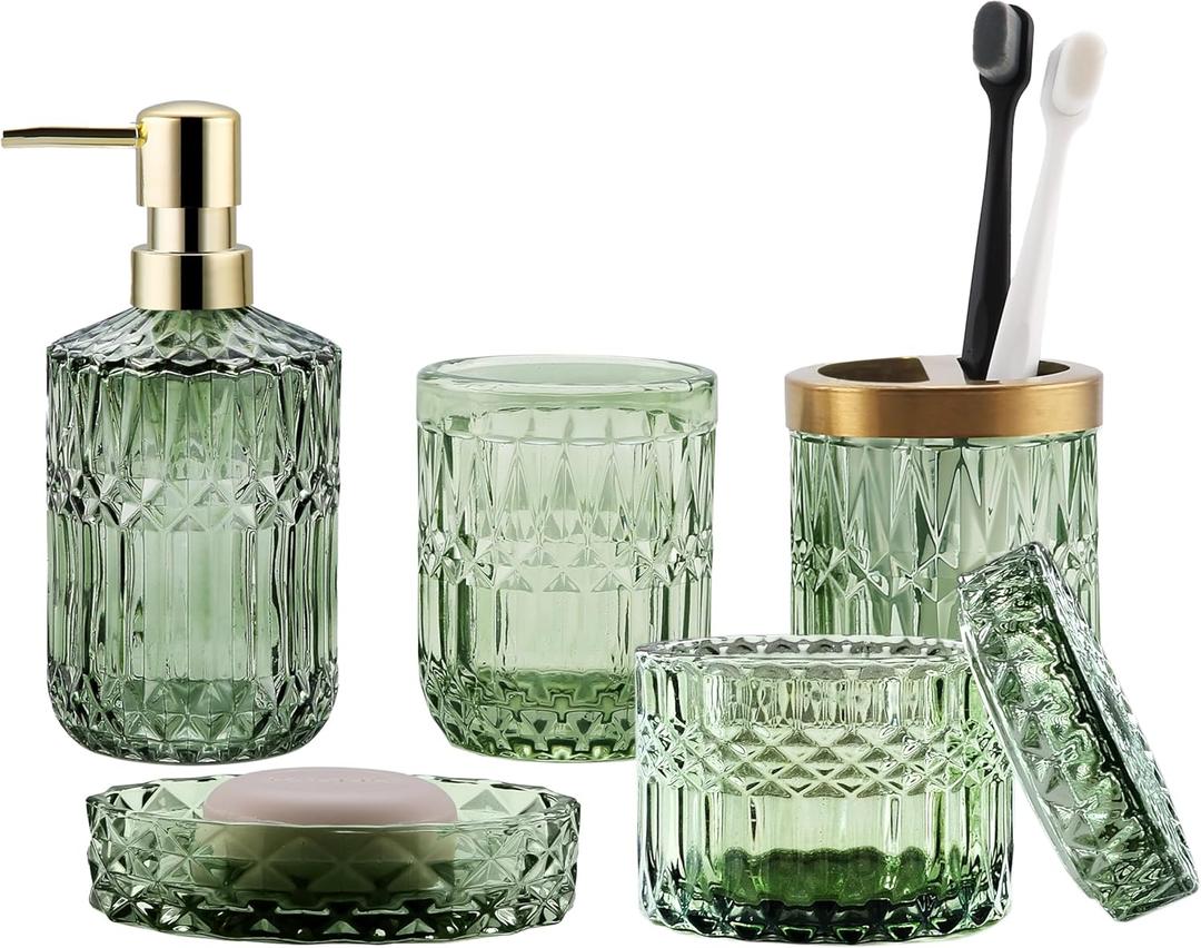 Green Bathroom Accessories Set, 5Pcs Clear Glass Bathroom Set Accessories, Soap Dispenser, Soap Dish, Toothbrush Holder Set, Tumbler, Qtips Holder for Vintage Crystal Bath Decor